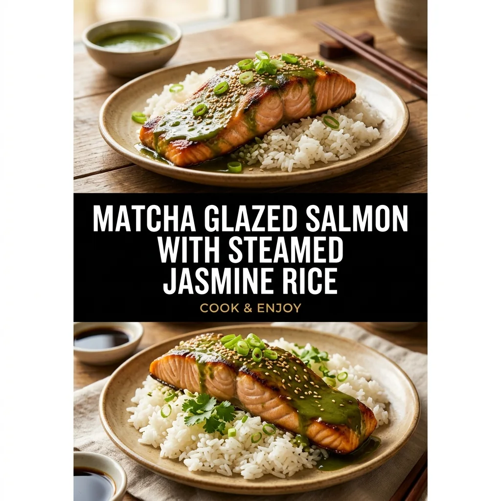 Matcha Glazed Salmon with Steamed Jasmine Rice food illustration