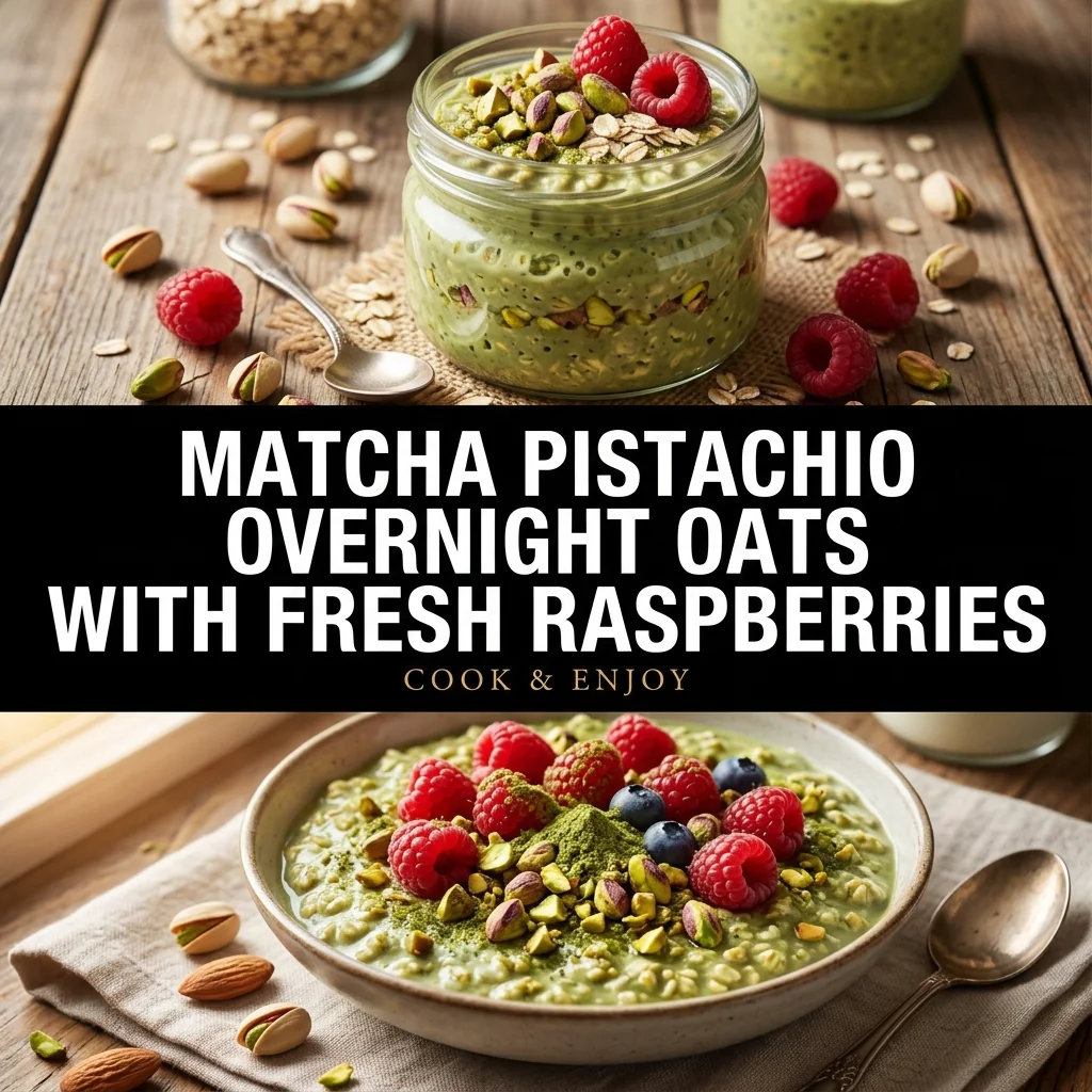 Matcha Pistachio Overnight Oats with Fresh Raspberries food illustration