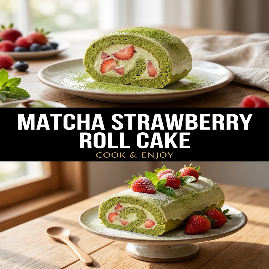 Matcha Strawberry Roll Cake food illustration