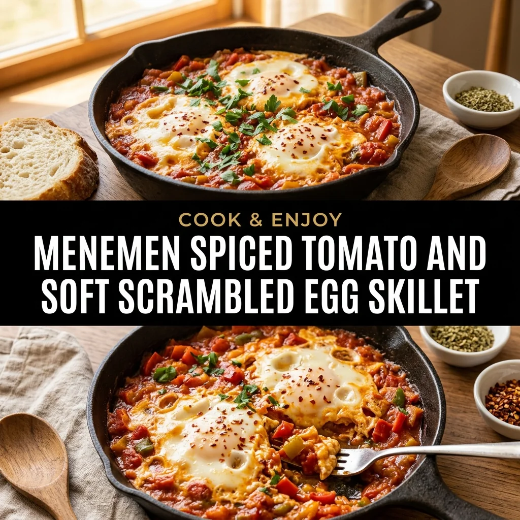 Menemen Spiced Tomato and Soft Scrambled Egg Skillet food illustration