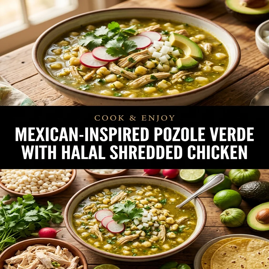 Mexican-Inspired Pozole Verde with Halal Shredded Chicken food illustration