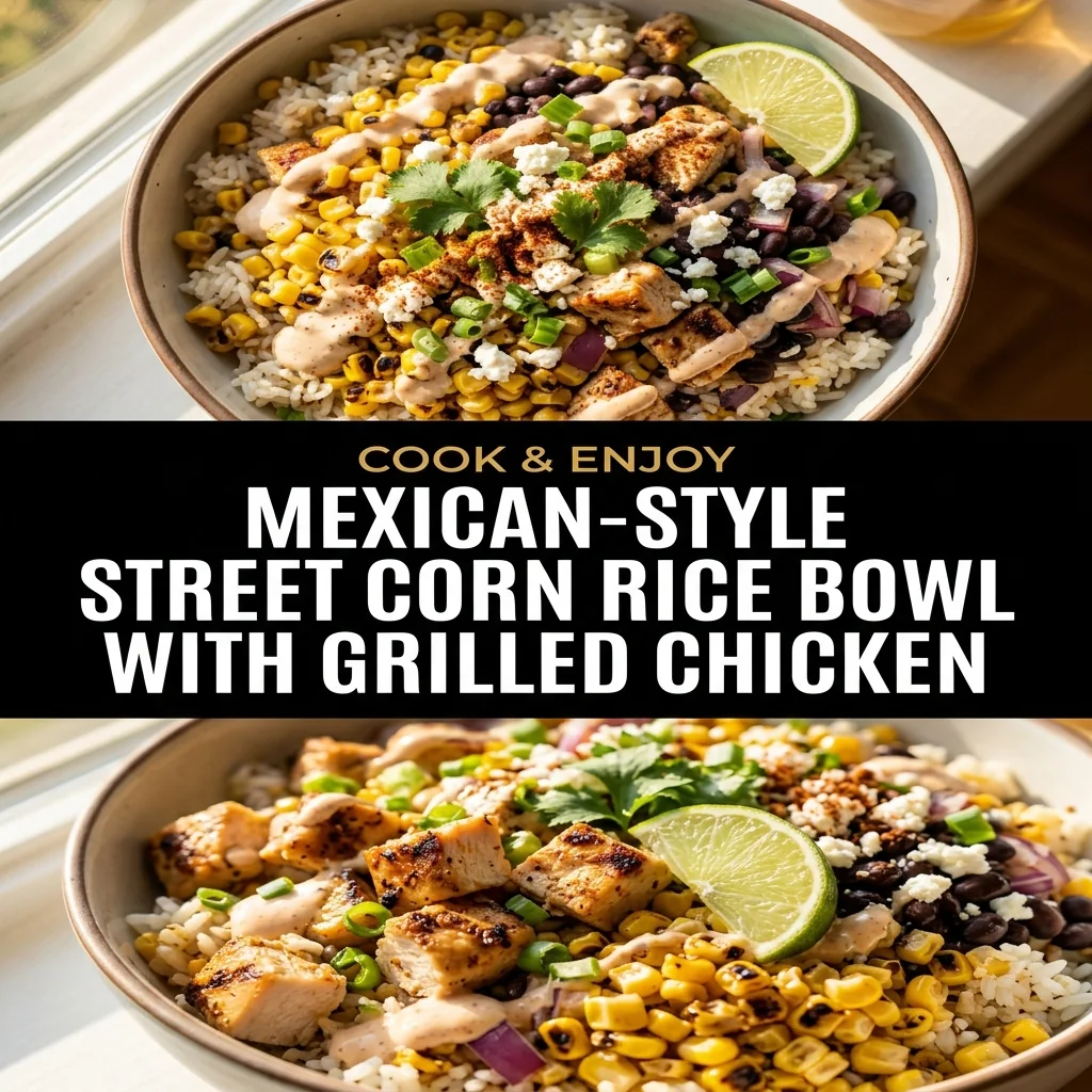 Mexican-Style Street Corn Rice Bowl with Grilled Chicken food illustration