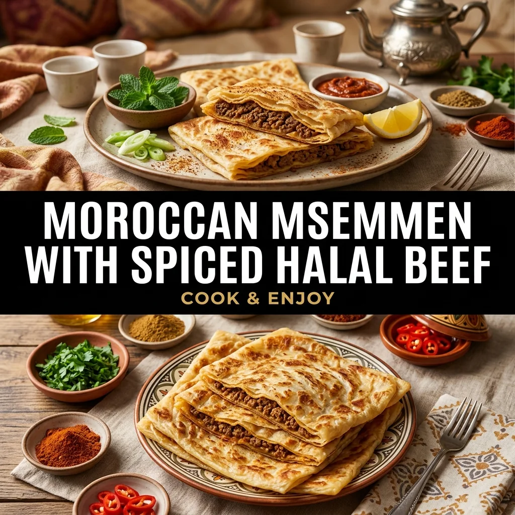 Moroccan Msemmen with Spiced Halal Beef food illustration