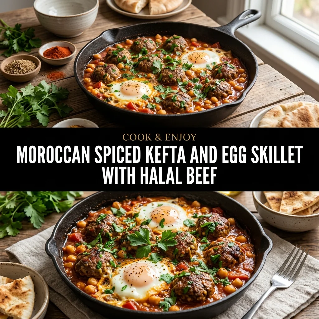 Moroccan Spiced Kefta and Egg Skillet with Halal Beef food illustration