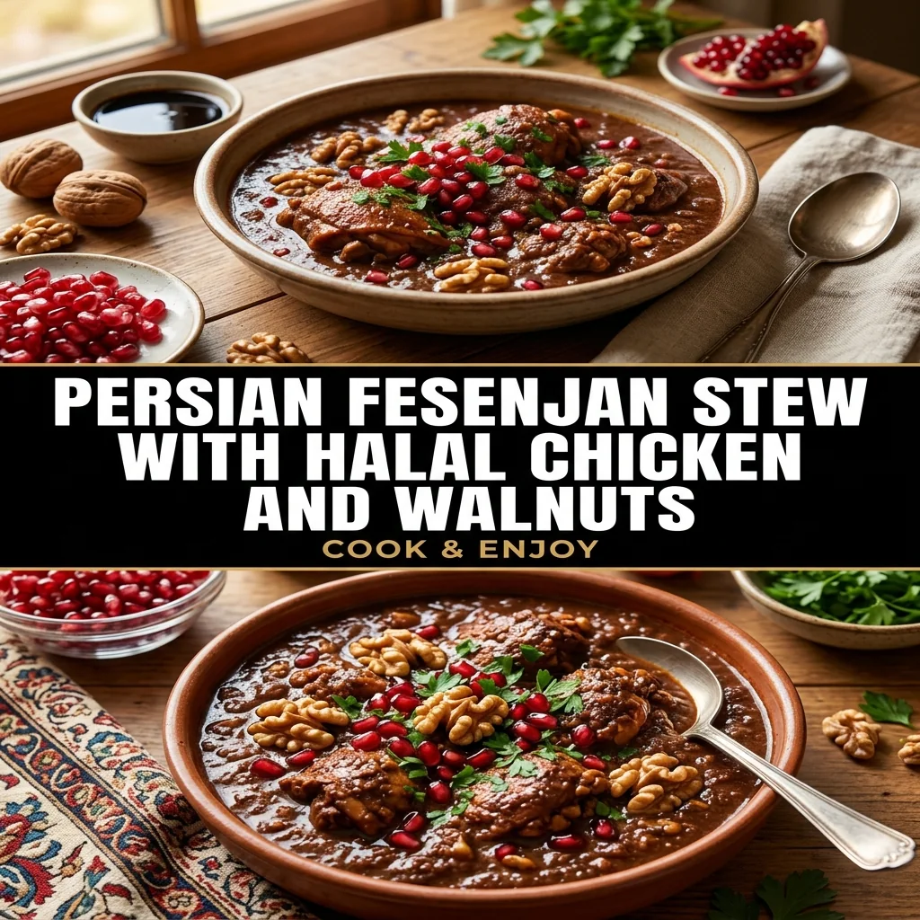 Persian Fesenjan Stew with Halal Chicken and Walnuts food illustration