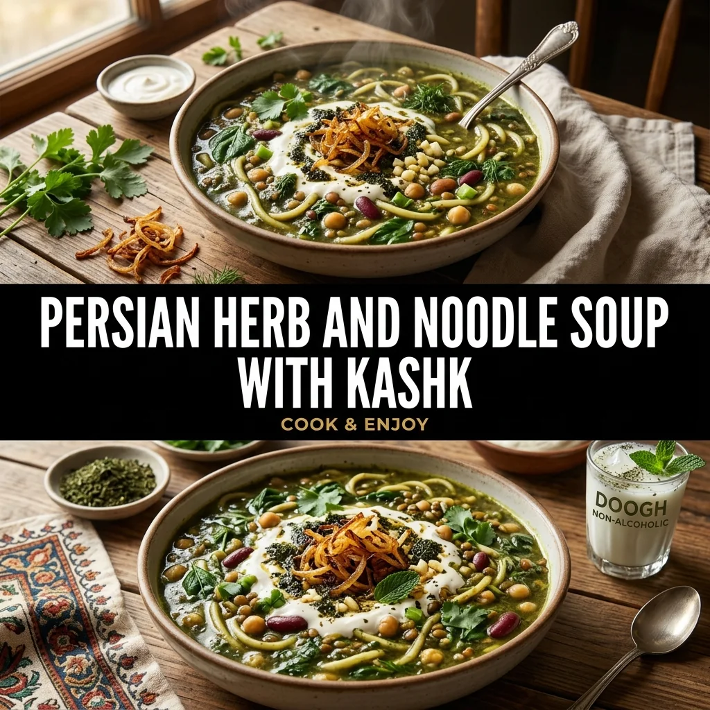 Persian Herb and Noodle Soup with Kashk food illustration