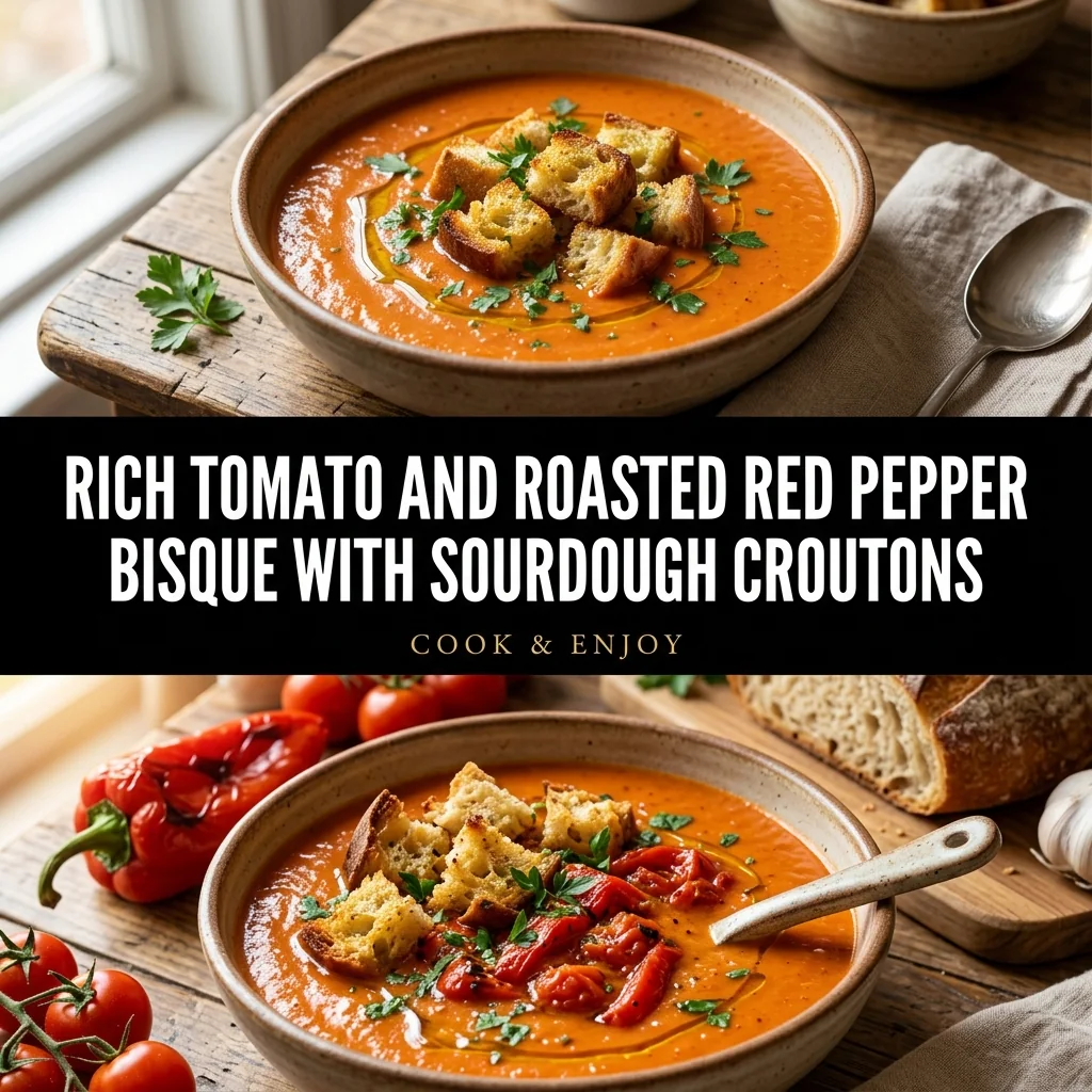 Rich Tomato and Roasted Red Pepper Bisque with Sourdough Croutons food illustration