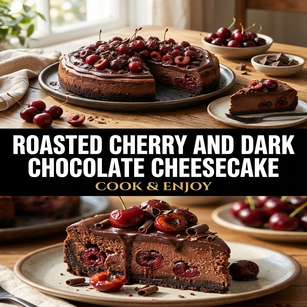 Roasted Cherry and Dark Chocolate Cheesecake food illustration