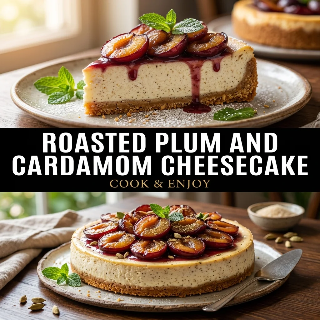 Roasted Plum and Cardamom Cheesecake food illustration