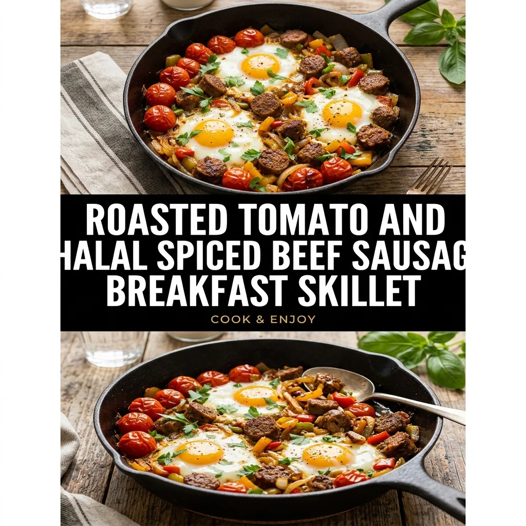 Roasted Tomato and Halal Spiced Beef Sausage Breakfast Skillet food illustration