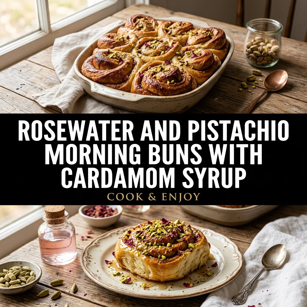 Rosewater and Pistachio Morning Buns with Cardamom Syrup food illustration