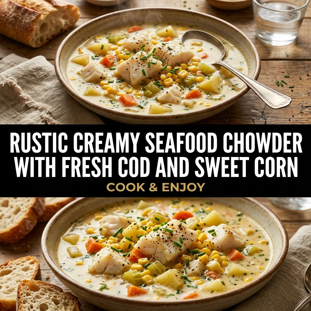 Rustic Creamy Seafood Chowder with Fresh Cod and Sweet Corn food illustration