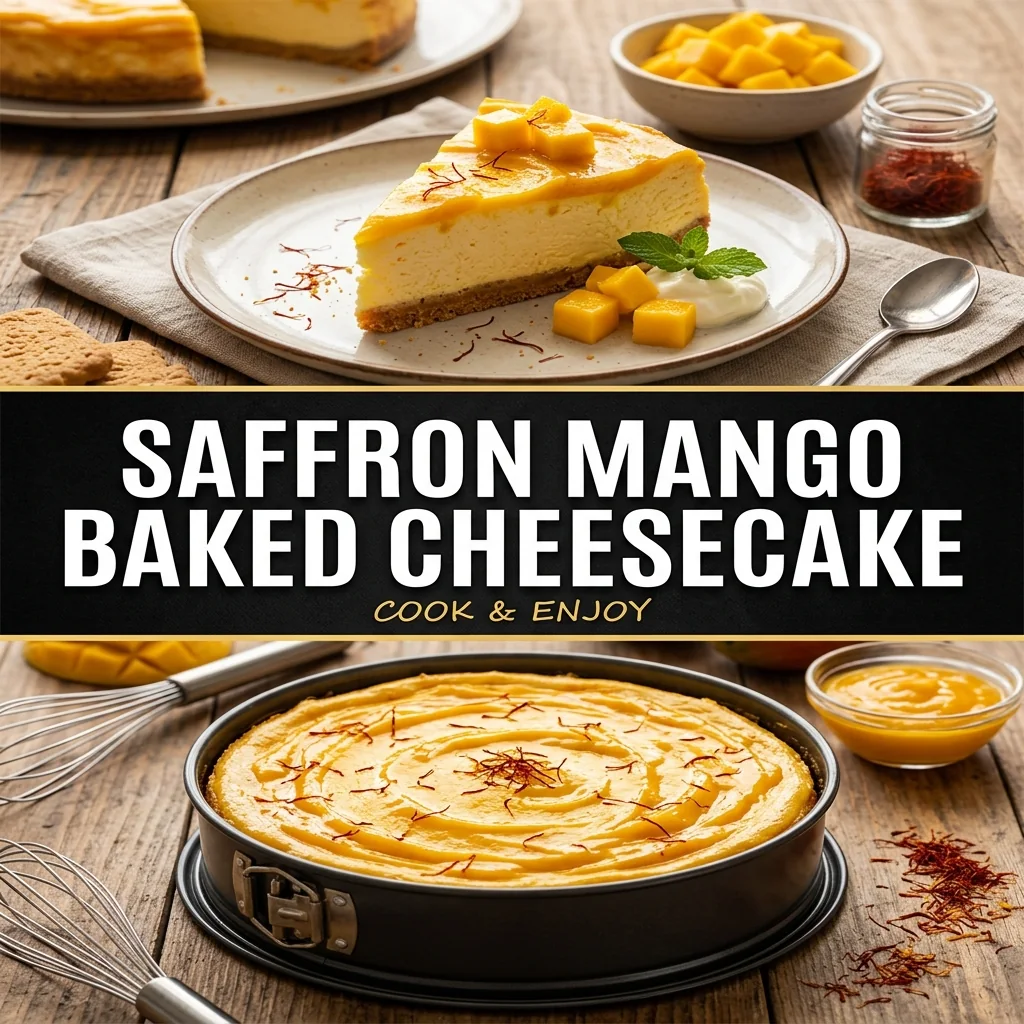 Saffron Mango Baked Cheesecake food illustration