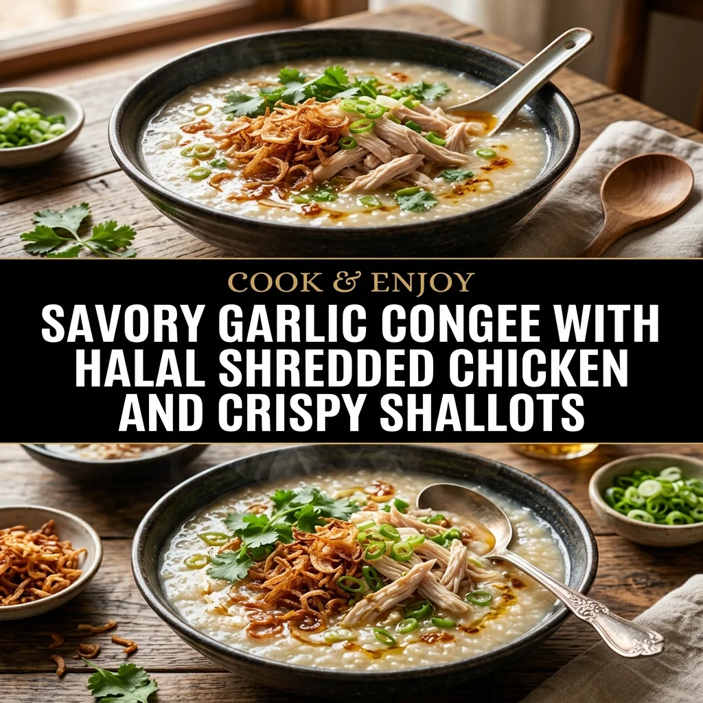 Savory Garlic Congee with Halal Shredded Chicken and Crispy Shallots food illustration