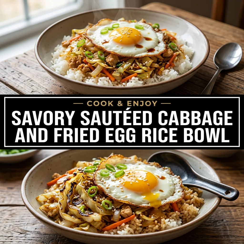 Savory Sautéed Cabbage and Fried Egg Rice Bowl food illustration