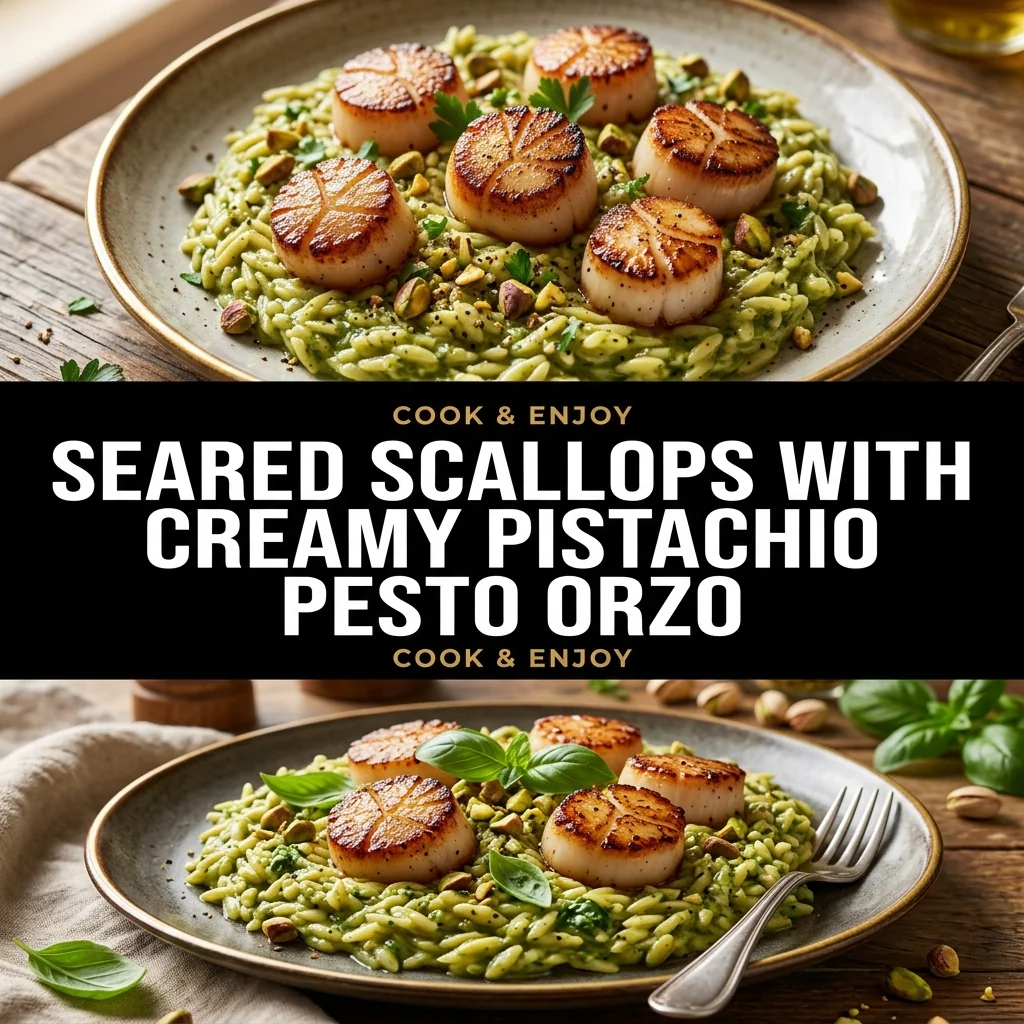 Seared Scallops with Creamy Pistachio Pesto Orzo food illustration