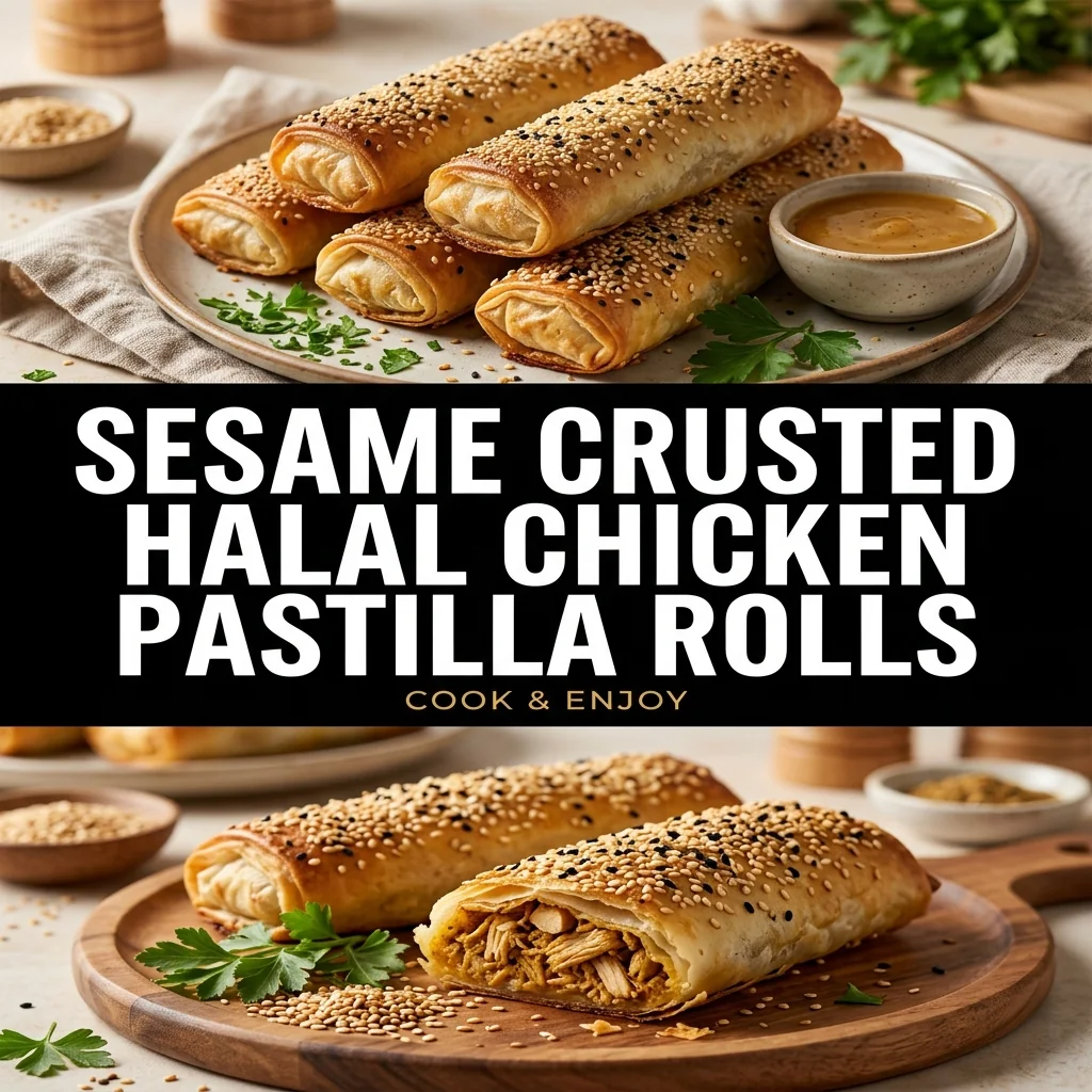 Sesame Crusted Halal Chicken Pastilla Rolls food illustration