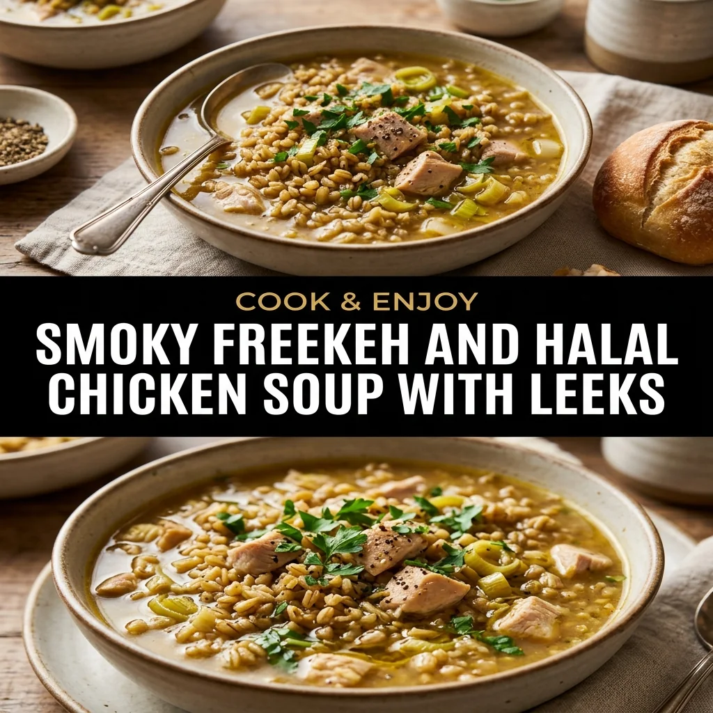 Smoky Freekeh and Halal Chicken Soup with Leeks food illustration