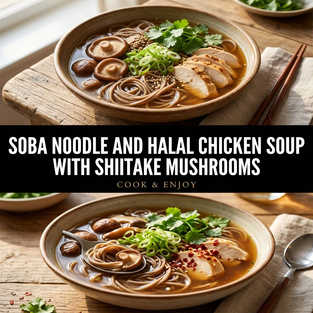 Soba Noodle and Halal Chicken Soup with Shiitake Mushrooms food illustration