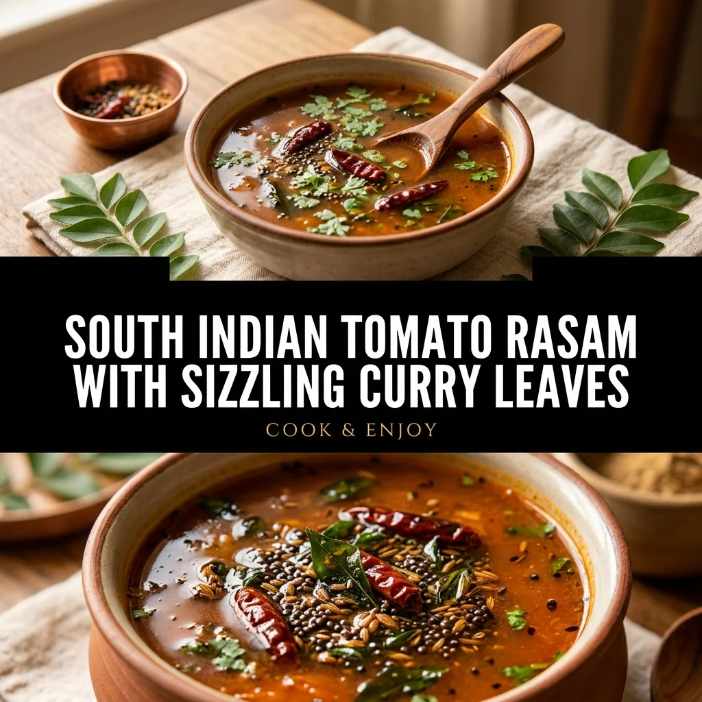 South Indian Tomato Rasam with Sizzling Curry Leaves food illustration