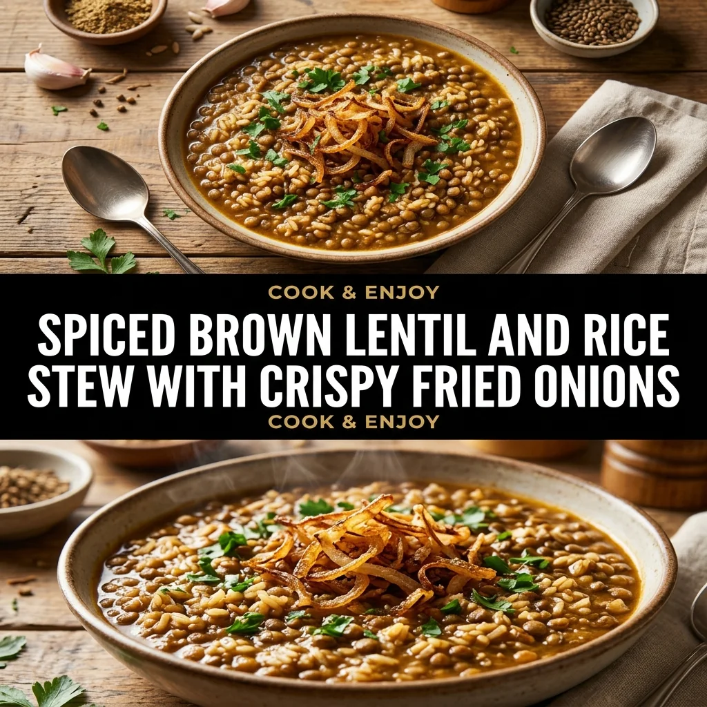 Spiced Brown Lentil and Rice Stew with Crispy Fried Onions food illustration