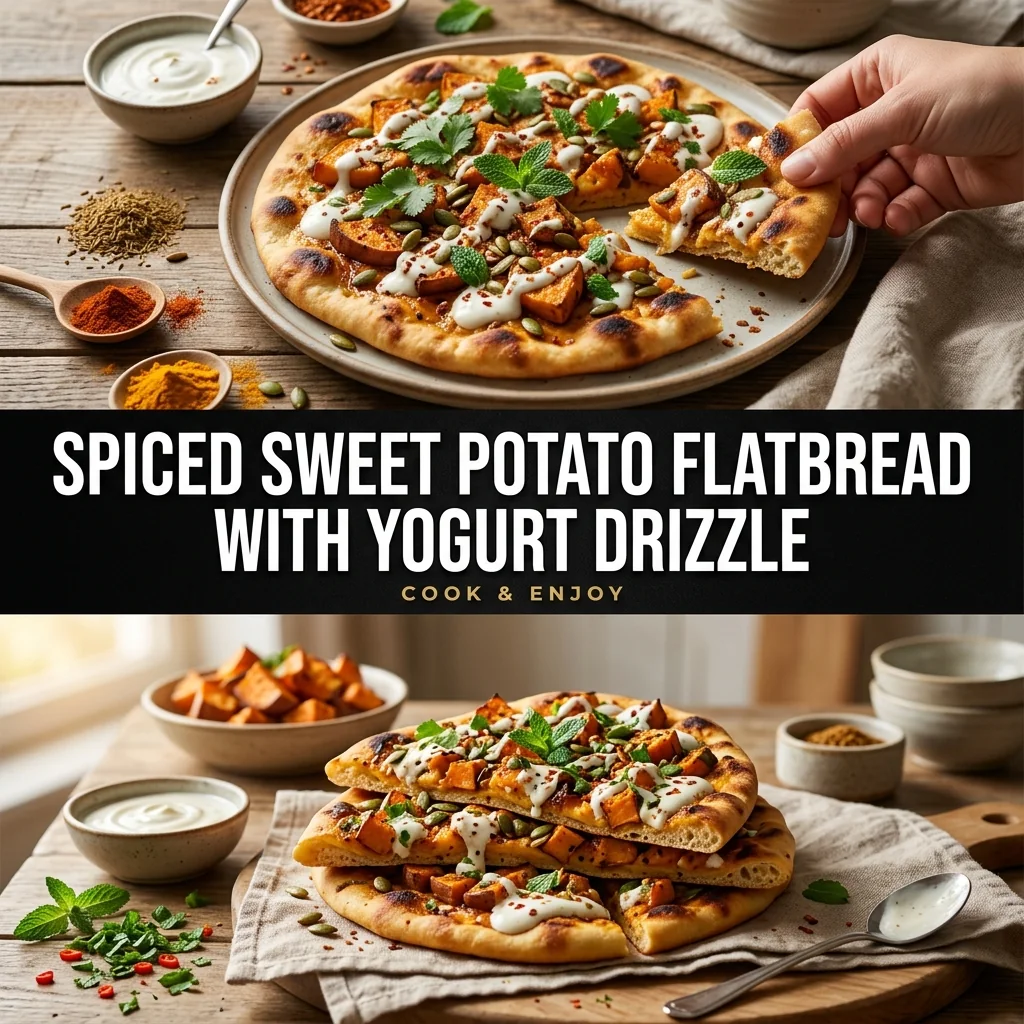 Spiced Sweet Potato Flatbread with Yogurt Drizzle food illustration