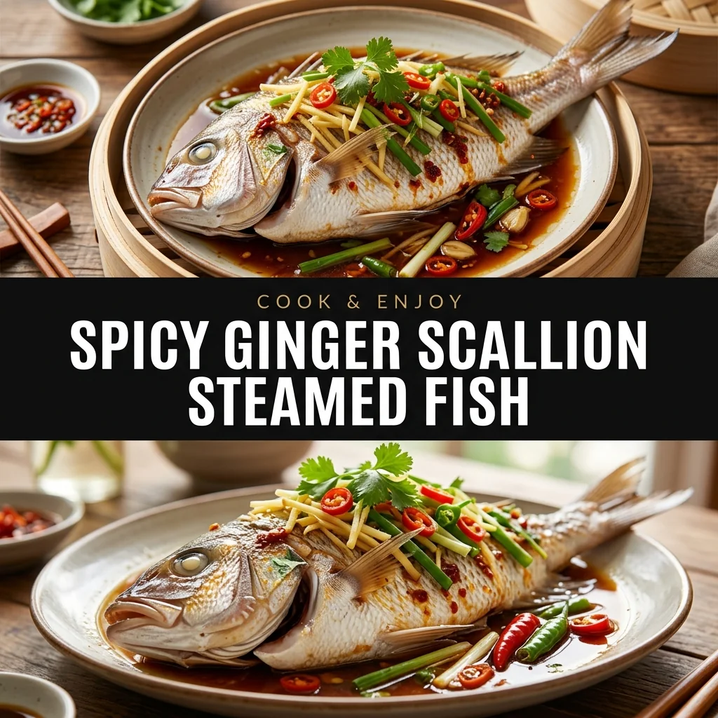 Spicy Ginger Scallion Steamed Fish food illustration