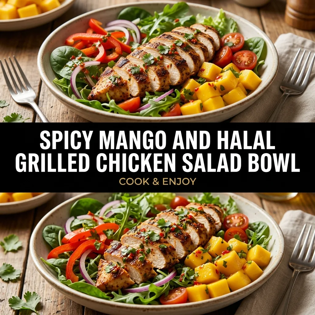 Spicy Mango and Halal Grilled Chicken Salad Bowl food illustration