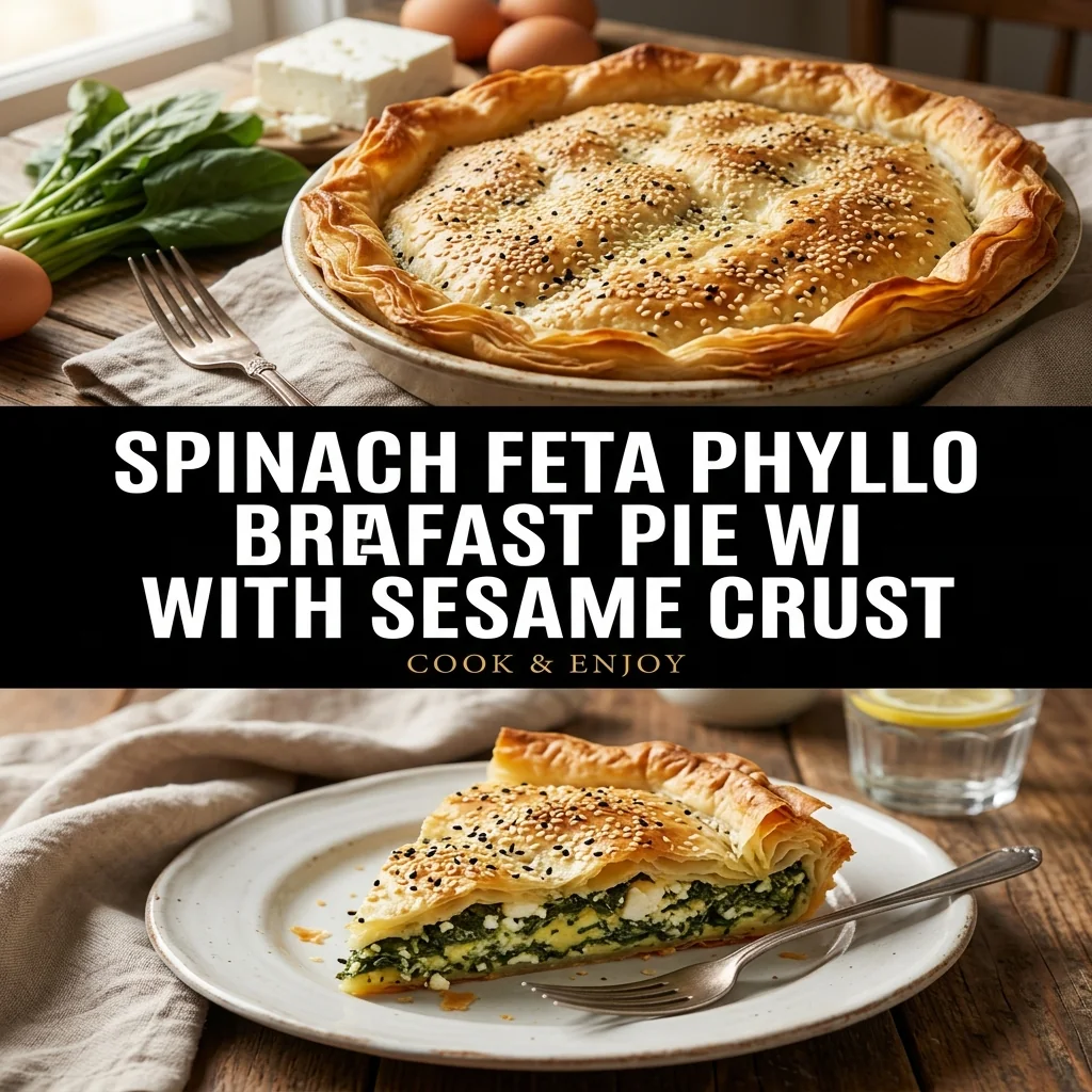 Spinach Feta Phyllo Breakfast Pie with Sesame Crust food illustration