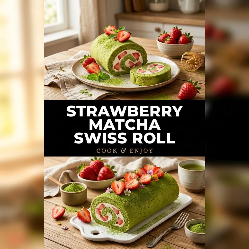 Strawberry Matcha Swiss Roll food illustration