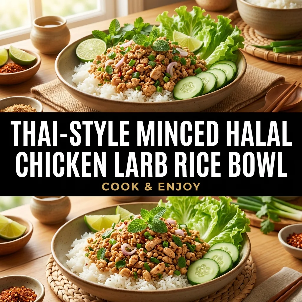 Thai-Style Minced Halal Chicken Larb Rice Bowl food illustration