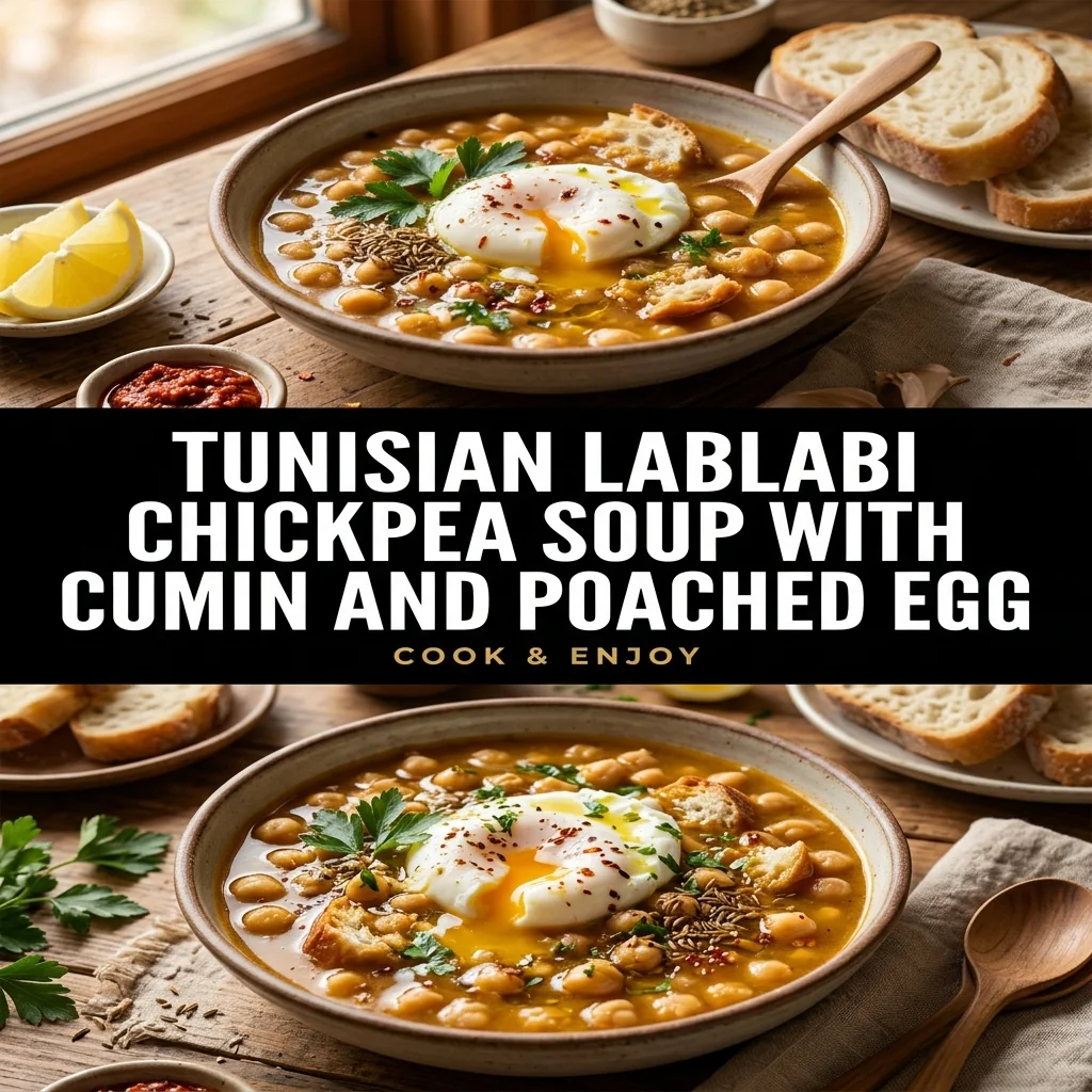 Tunisian Lablabi Chickpea Soup with Cumin and Poached Egg food illustration