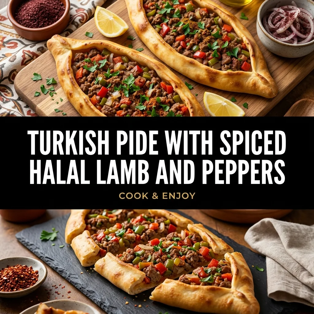 Turkish Pide with Spiced Halal Lamb and Peppers food illustration