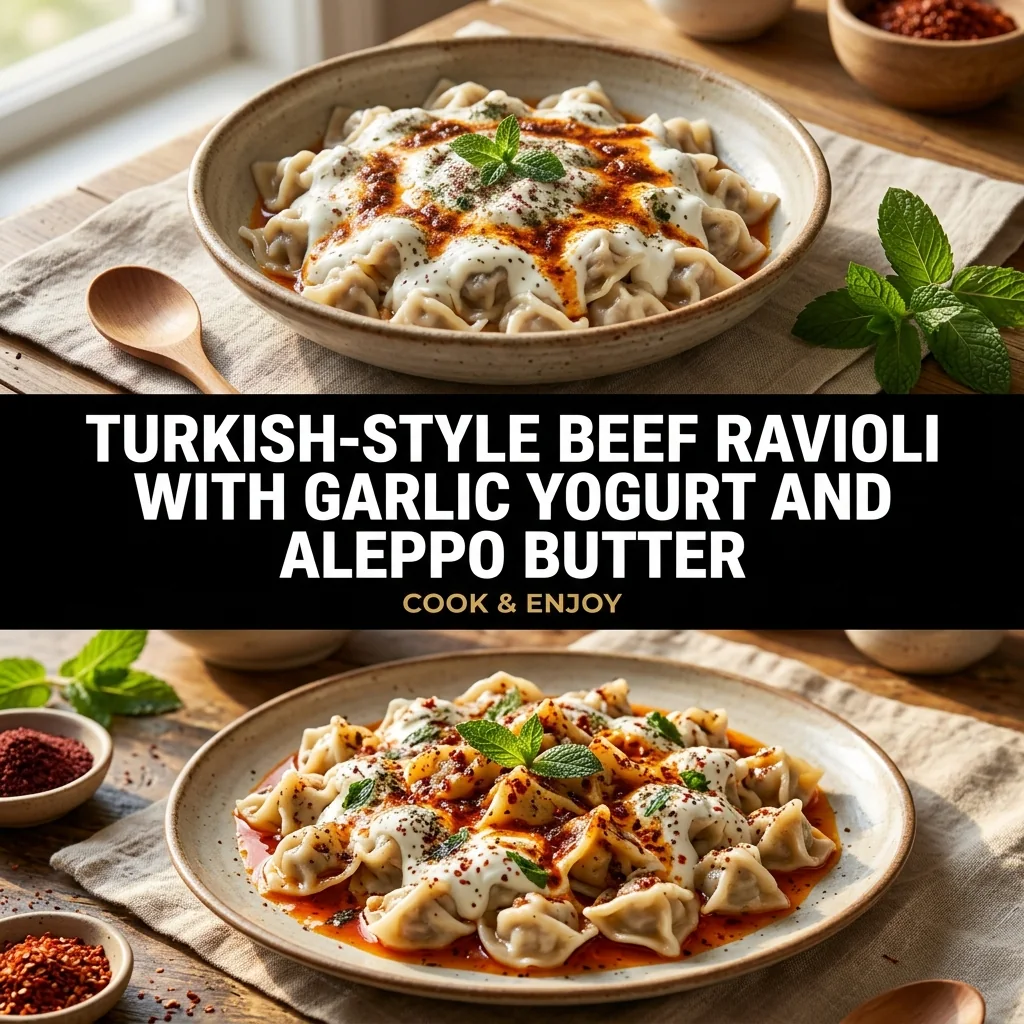 Turkish-Style Beef Ravioli with Garlic Yogurt and Aleppo Butter recipe poster