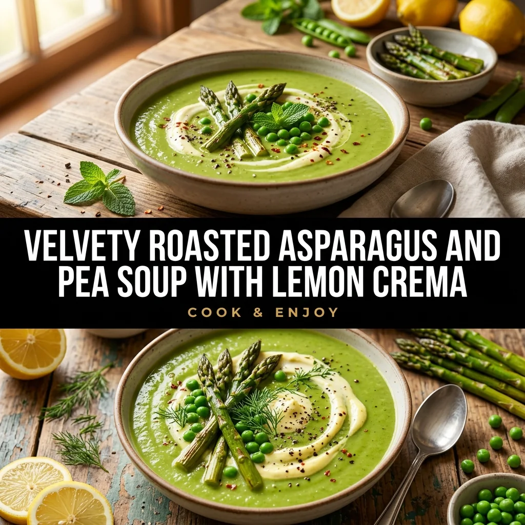 Velvety Roasted Asparagus and Pea Soup with Lemon Crema food illustration