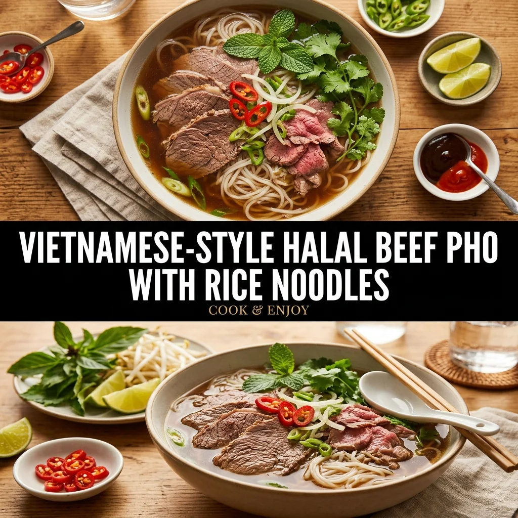 Vietnamese-Style Halal Beef Pho with Rice Noodles food illustration