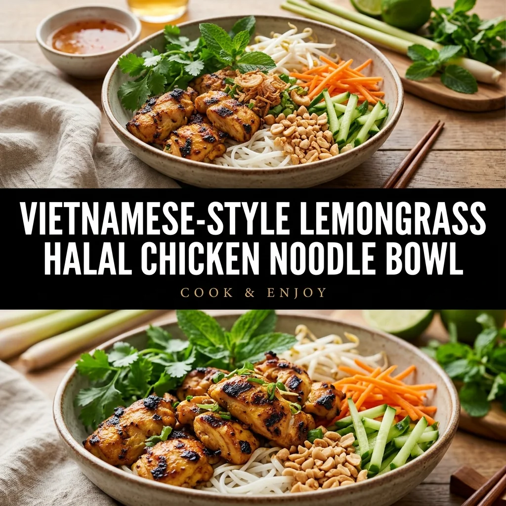 Vietnamese-Style Lemongrass Halal Chicken Noodle Bowl food illustration