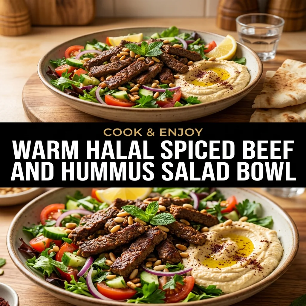 Warm Halal Spiced Beef and Hummus Salad Bowl food illustration
