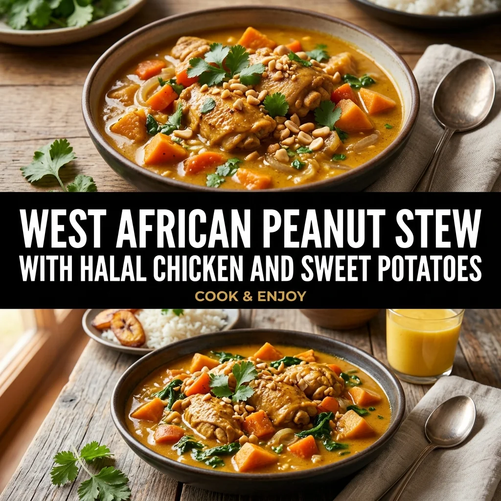 West African Peanut Stew with Halal Chicken and Sweet Potatoes food illustration