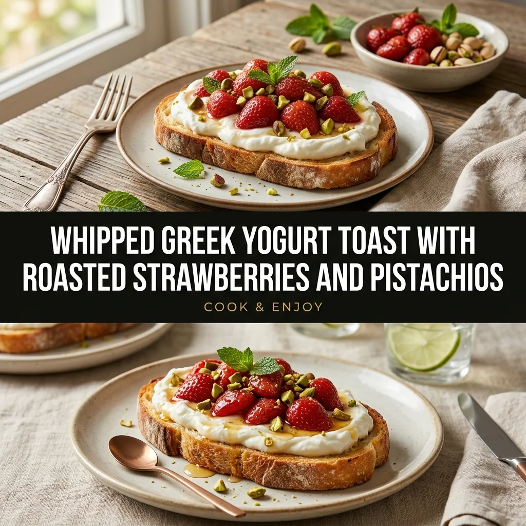 Whipped Greek Yogurt Toast with Roasted Strawberries and Pistachios food illustration