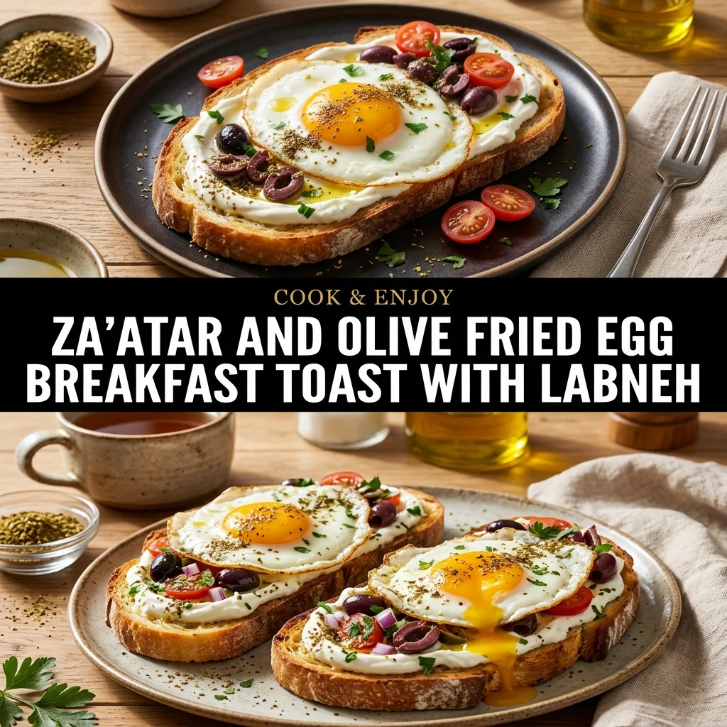 Za'atar and Olive Fried Egg Breakfast Toast with Labneh food illustration
