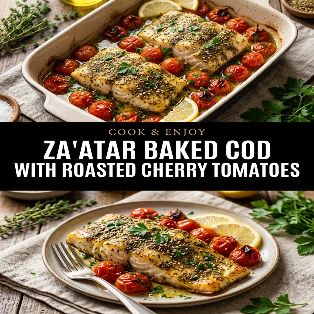 Za'atar Baked Cod with Roasted Cherry Tomatoes food illustration