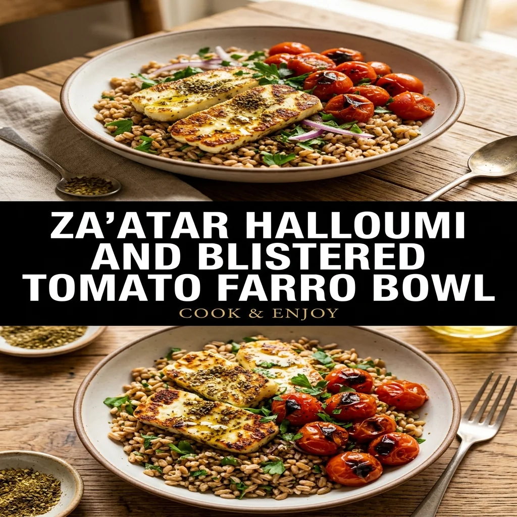 Za'atar Halloumi and Blistered Tomato Farro Bowl food illustration